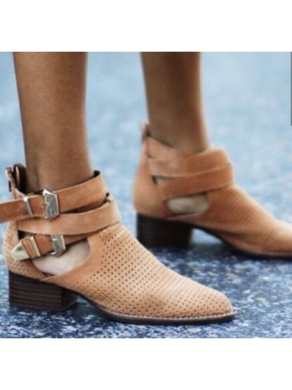 Jeffrey Campbell Everly Tan Suede Perforated Cut Out Strappy Ankle Boots 7